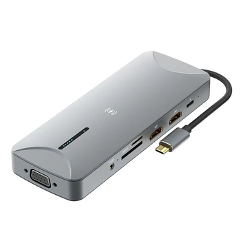 13 В 1 MST C USB Хъб Type-C за двойна 4K, HDMI-Съвместим адаптер, VGA, Gigabit Ethernet Безжична Бързо зарядно устройство