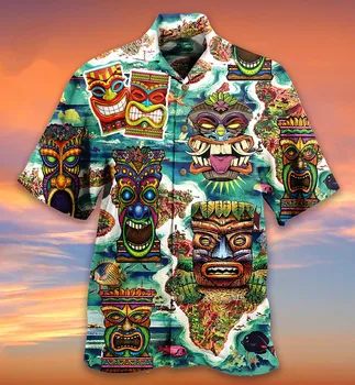 2022 Мъжки Хавайска Риза с Тотем Гоблина на маите, Лятна Мъжка Риза в стил ретро с Къс Ръкав, Ежедневна Мода Градинска Дрехи, 3d Риза с Черепа
