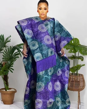2022 Последният Стил Лилаво Базен Riche Дълги Рокли За Африканските Жени Сватба Парти Femme Дашики Халат Базен Облекло С Шал