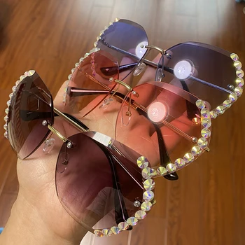 2022 Реколта Модни Големи Слънчеви Очила Без Рамки очила Дамски Известни Луксозни Маркови Дизайнерски Секси Квадратни Слънчеви Очила С Диаманти Женски