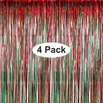 4 Опаковки Зелено-Червено Фолио, Завеса с Ресни, Метална Сърма, Блещукаща Завеса за Рожден Ден, моминско парти, Коледна Украса