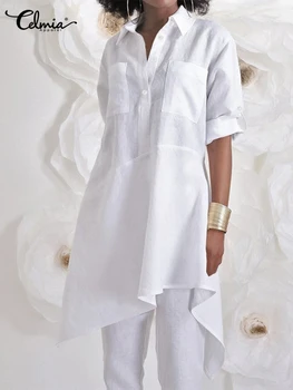 Celmia Модни Дамски Блузи 2022 Ежедневни Есенни Асиметрични Блузи С Дълъг Ръкав, Дълги Ризи С Копчета Свободни Blusas Mujer 7
