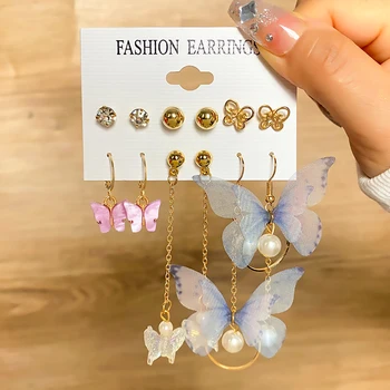 FNIO Корейската Мода Пеперуда Висящи Обици Набор За Жени Акрилна Смола Звезда Сърцето Кръг на Обръч Обици с Перли Brincos Бижута Подарък