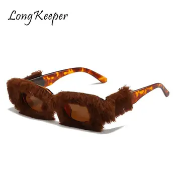 LongKeeper Секси Правоъгълни Плюшени Слънчеви Очила Дамски Кожени, Пухкави Очила Луксозен Марка Дизайнер Мода Steampunk Модни Меки Очила