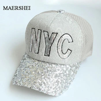 MAERSHEI/ Годишна жена бейзболна шапка с Кружевными пайети, ежедневни бейзболна шапка с Надпис ню йорк, Регулируем Модерна Шапка за момичета