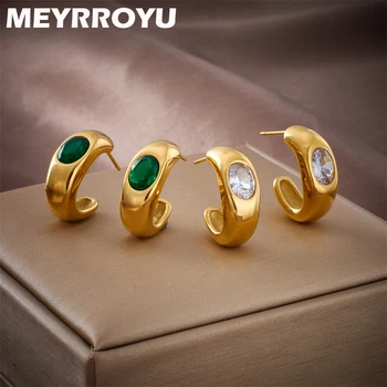 MEYRROYU 316L Неръждаема Стомана Нов Златен Цвят C-Образна Зелен Бял Циркон Геометрични Обеци Розово За Жени Вечерни Подаръци Bijoux