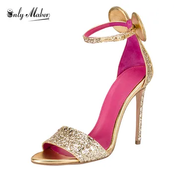 Onlymaker/ Дамски обувки; Сватбени обувки На Висок ток с отворени пръсти и Пайети; луксозни Златни сватбени обувки с 12 см; Сандали Голям Размер