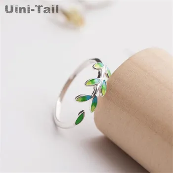 Uini-Tail горещо предложение, Тибетское сребро 925 проба, зелени листа, глазура, който отваря пръстен, дамска мода, свежа творческа подарочное пръстен ръчна изработка