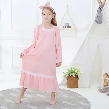 Детска розова памучен нощница с дълги ръкави, мека пижама на принцеси за момичета, детски лейси домашно облекло в стил мозайка, пижама от 3 до 14 години ws1405