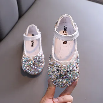 Детски обувки за момичета, Пролетно детски обувки 2022 г., детски обувки от изкуствена Кожа с Кристали, блестяща Рокля на Принцеса За деца, вечерни танцови обувки на плоска подметка, детски обувки