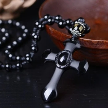 Класически Черен Кристал Кръст Висулка Колие за Мъже Жени Религиозен Амулет Колие Бижута Подарък