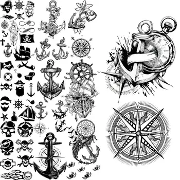 Котва, Компас Временни Татуировки За Възрастни Мъже Ръка Назад Татуировки Реалистичен Пират Безкраен Карикатура Малка Фалшива Татуировка Стикер направи си САМ