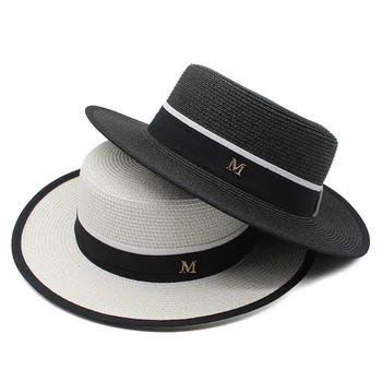 Лятна шапка от слънцето, дамски модни сламена шапка за момичета, плажна шапка с лък и панделка, ежедневни панамская шапка с плосък покрив, дамски шапка с козирка