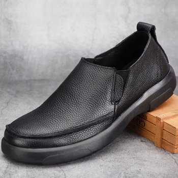 Мъжки ежедневни обувки, ръчно изработени от естествена кожа с мека подметка в британския стил, Износоустойчиви Лоферы, Дишащи мъжки обувки на плоска подметка