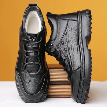 Мъжки обувки от естествена кожа, Ежедневни обувки в бизнес стил, мъжки Плюшени Топли Памучни Мъжки Обувки, Улични Ботте 