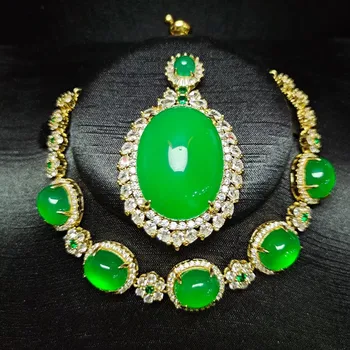 Натурален Зелен Нефрит Бижута За Жени Истински Мьянманский Jadeite Овалния Висулка Колие С Цирконии Emerald Цвете Нефриты Гривни