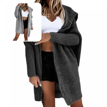 Просто Мода С Качулка Открит Предни Вязаный Дебел Пуловер Без Жилетка с Качулка за Употреба на Открито