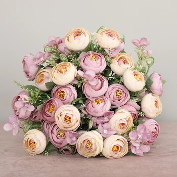Пъстри Чаени Рози, вази за украса на дома аксесоари фалшиви маргаритки пластмасови цветя на сватбени декоративни Изкуствени цветя евтини