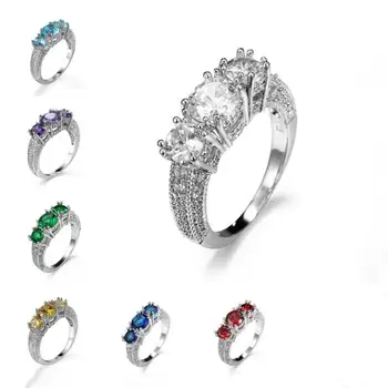 ХОЙОН Цвят циркон кристал пръстен пръстен с три камъни за жени и мъже Муассанит стил червен лилав зелен бял сапфир бижута